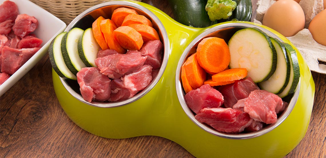 Two bowls full of cut up zucchini, carrots and raw meat