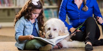 A girl sitting on the floor of a classroom holding a book sitting next to a therapy dog.
