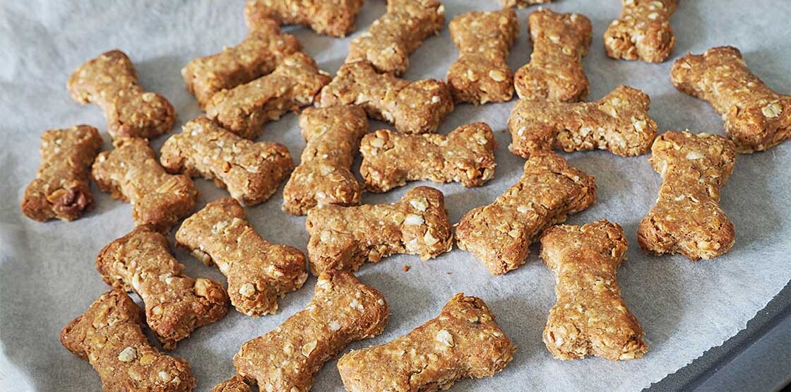 A baking sheet lined with parchment paper and topped with several bone-shaped DIY dog treats.
